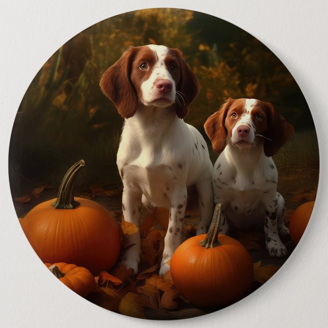 Brittany Spaniel Welpe Autumn Delight Pumpkin Button (Vorderseite)