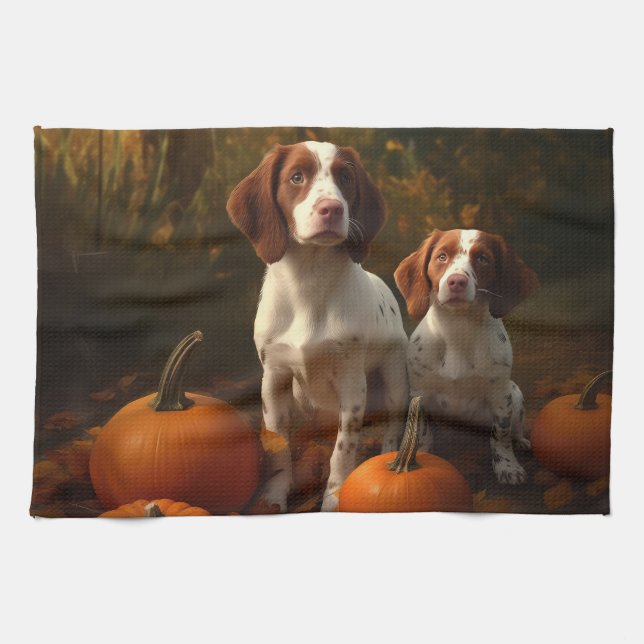 Brittany Spaniel Welpe Autumn Delight Pumpkin Geschirrtuch (Horizontal)