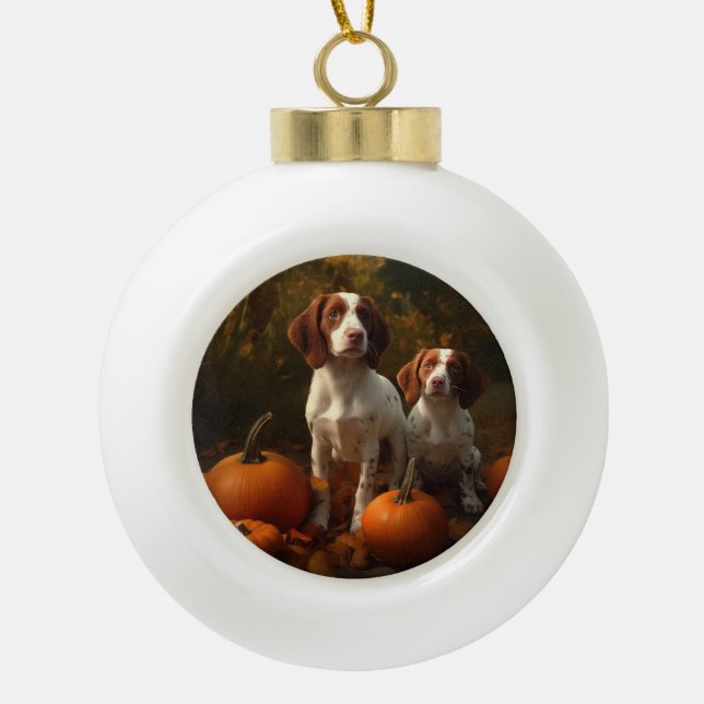 Brittany Spaniel Welpe Autumn Delight Pumpkin Keramik Kugel-Ornament (Vorderseite)