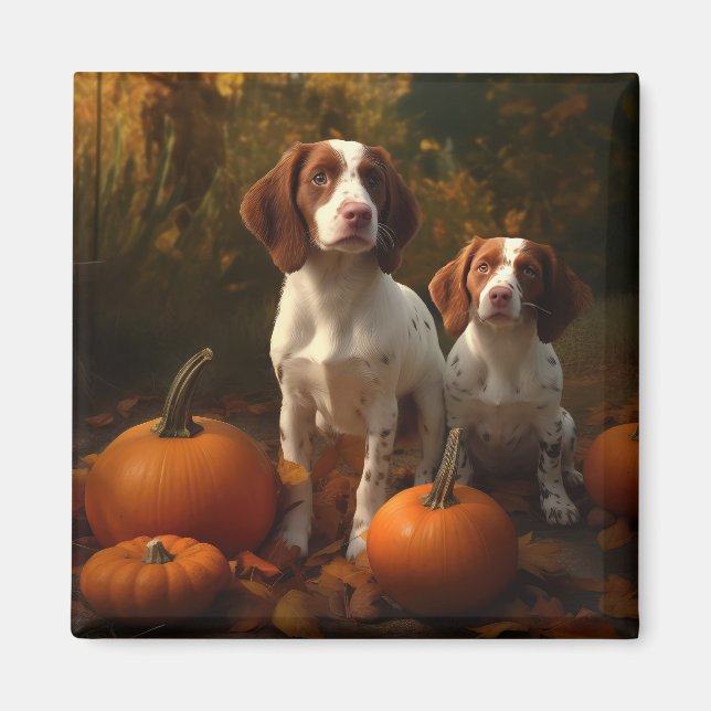 Brittany Spaniel Welpe Autumn Delight Pumpkin Magnet (Vorne)