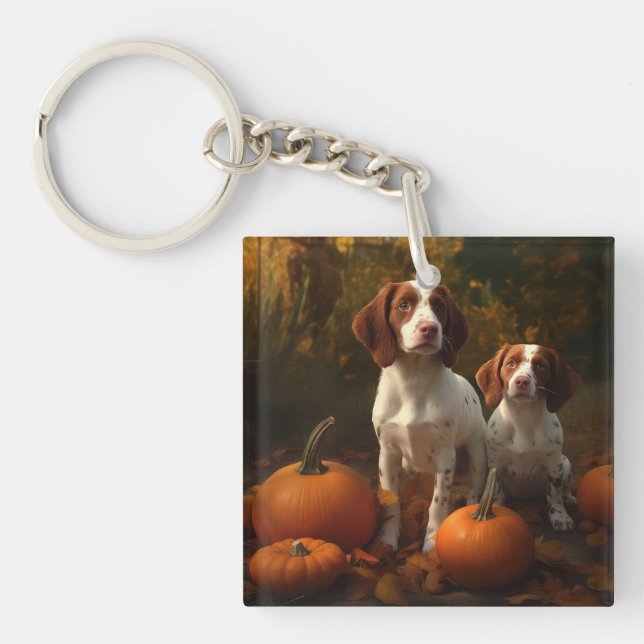 Brittany Spaniel Welpe Autumn Delight Pumpkin Schlüsselanhänger (Vorderseite)