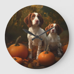 Brittany Spaniel Welpe Herbstfreude Kürbis  Große Wanduhr