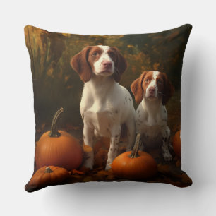 Brittany Spaniel Welpe Herbstvergnügen Kürbis Kissen