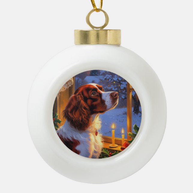 Brittany Spaniel with Christmas Lights Holiday  Keramik Kugel-Ornament (Vorderseite)