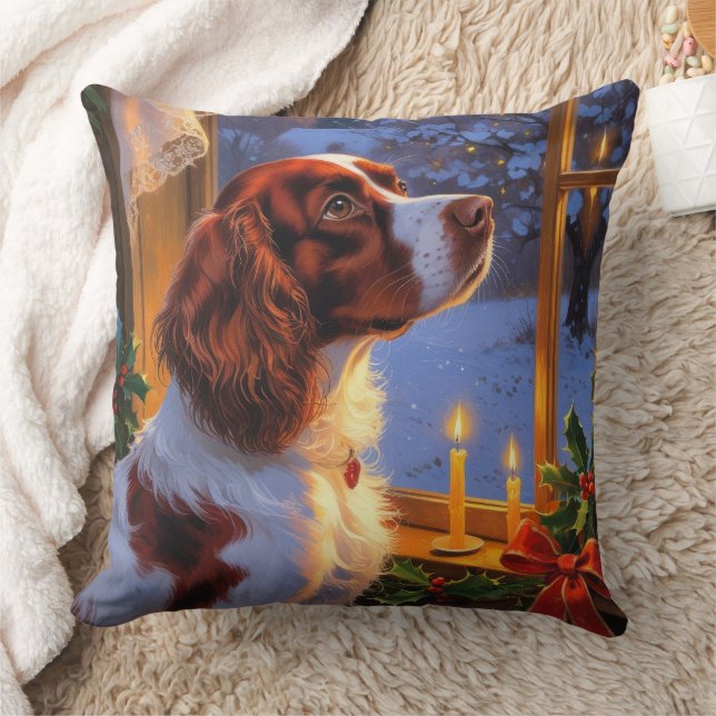 Brittany Spaniel with Christmas Lights Holiday  Kissen (Decke)