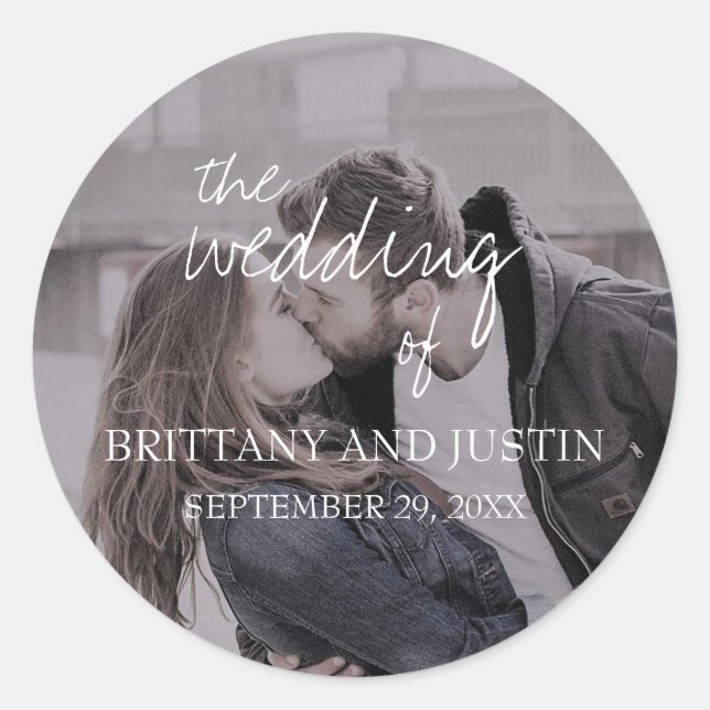 Brittany White Script Foto Wedding Umschlag Aufkle Runder Aufkleber (Vorderseite)