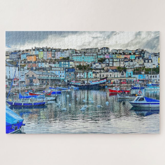 Brixham Hafen Schwäne: Küste von Devon 1000er Puzz (Horizontal)