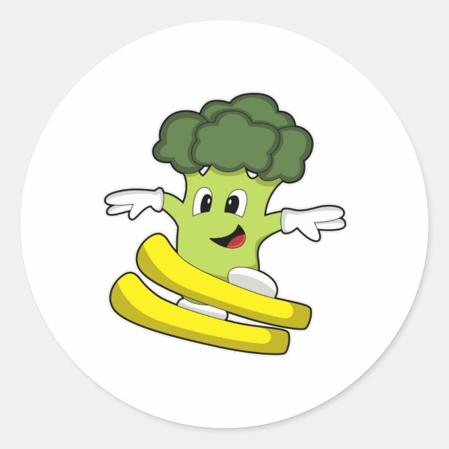 Broccoli als Skifahrer mit Ski Runder Aufkleber (Vorderseite)