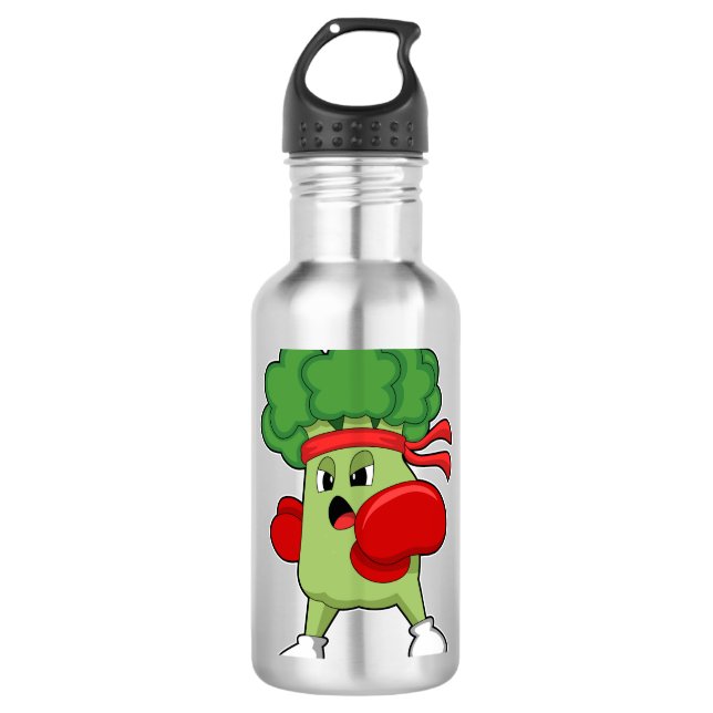 Broccoli beim Boxen mit Boxhandschuhen Edelstahlflasche (Vorderseite)