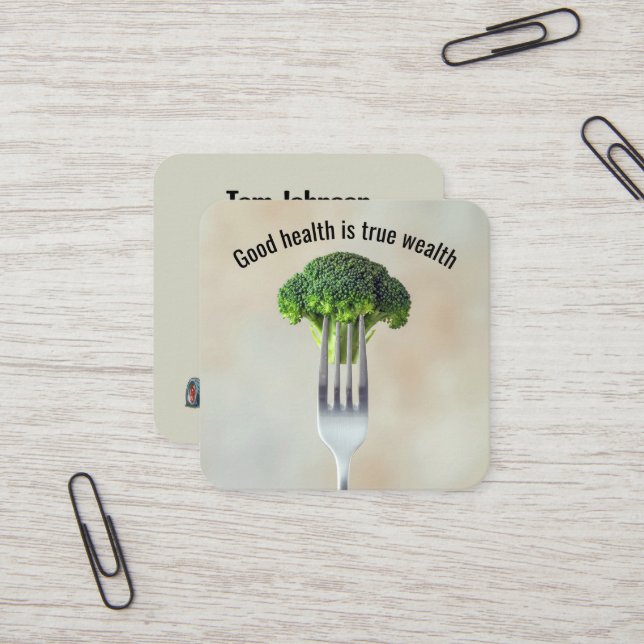 Broccoli Floret On a Fork With Quote Quadratische Visitenkarte (Vorderseite/Rückseite Beispiel)
