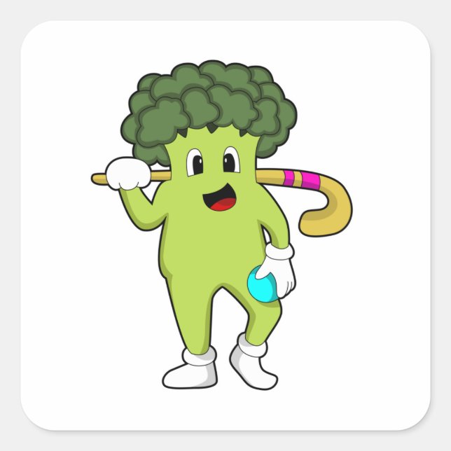 Broccoli im Hockey mit Hockey-Fledermaus Quadratischer Aufkleber (Vorderseite)
