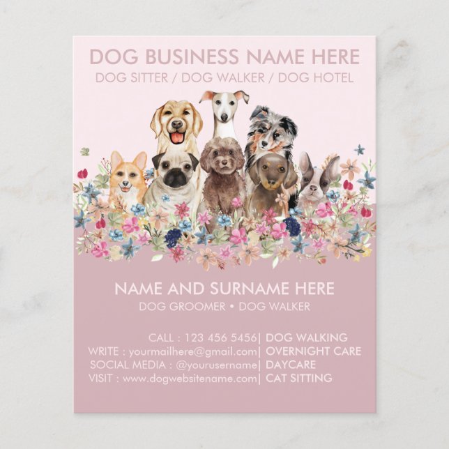 Brochure du service de pose pour chien rose mignon (Devant)