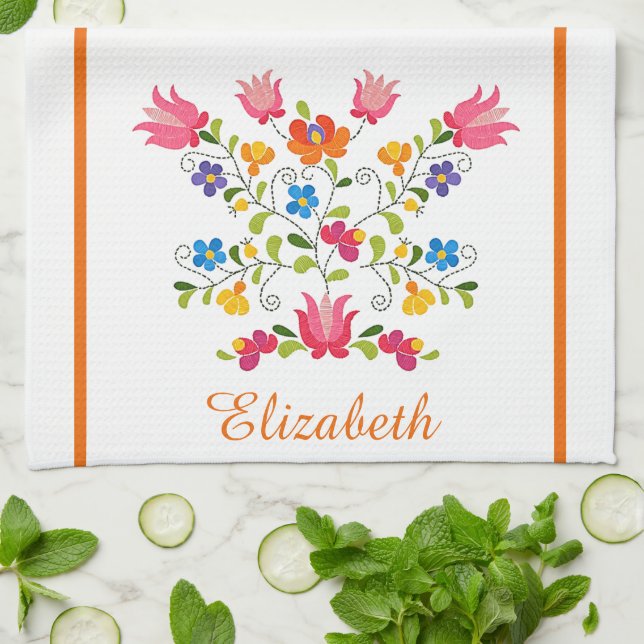 Broderie florale serviette de cuisine personnalisé (Plié)