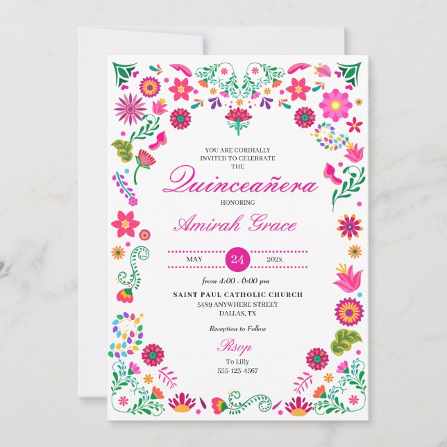 Broderie Otomi Mexicaine Quinceañera Invitation (Devant)