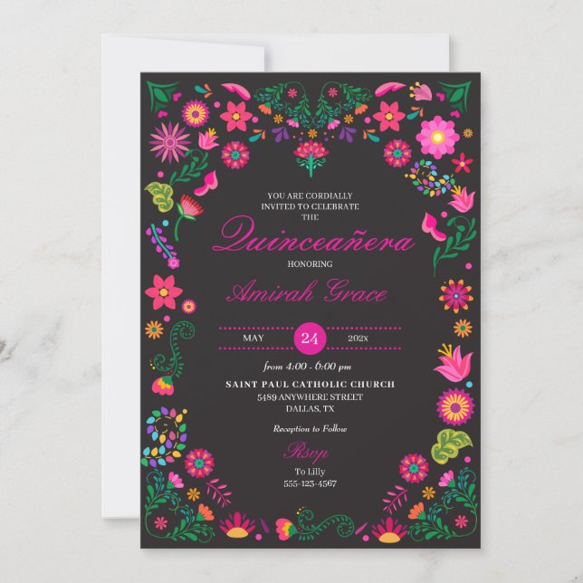 Broderie Otomi Mexicaine Quinceañera Invitation (Devant)