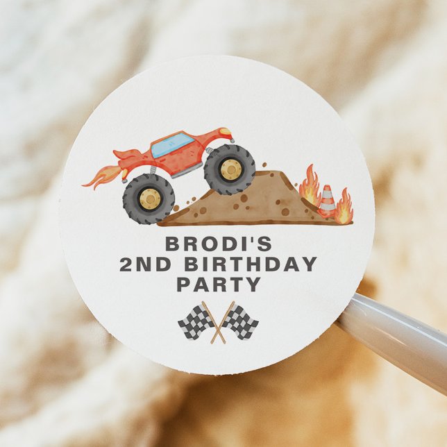BRODI Red Monster Truck Boy Birthday Runder Aufkleber (Von Creator hochgeladen)