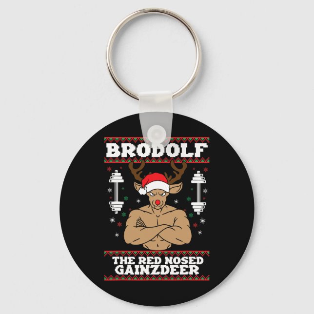 Brodolf Funny Christmas Buff Reindeer Gym Bodybuil Schlüsselanhänger (Vorderseite)