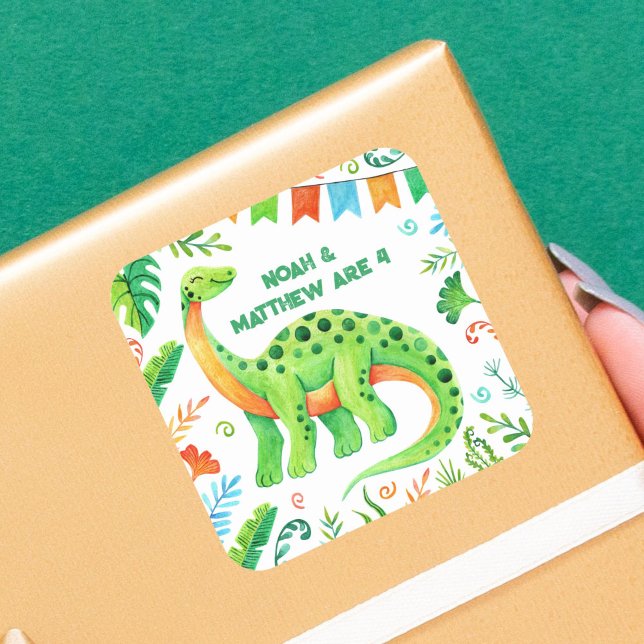 Brontosaurus Dinosaur Doppelzelebration Boys Quadratischer Aufkleber (Brontosaurus Dinosaur Joint Birthday Square Sticker)