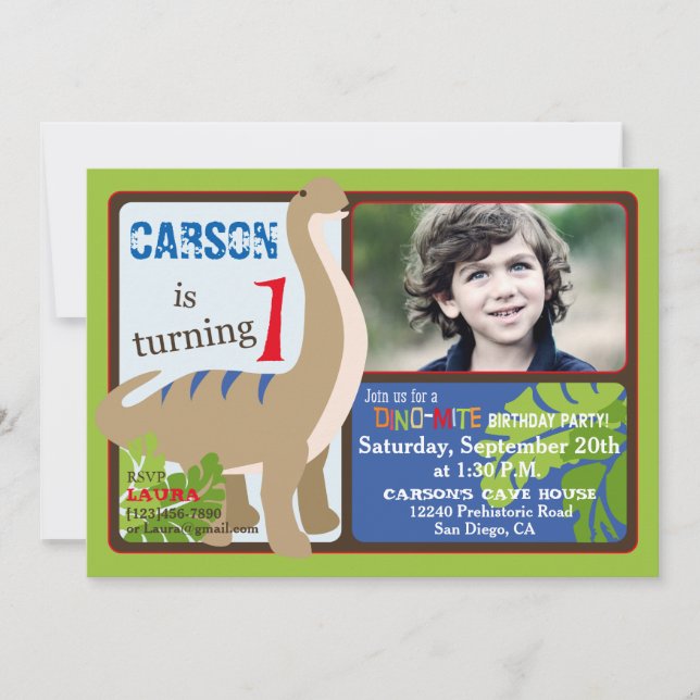 Brontosaurus-Dinosaurier-erster Geburtstag Einladung (Vorderseite)