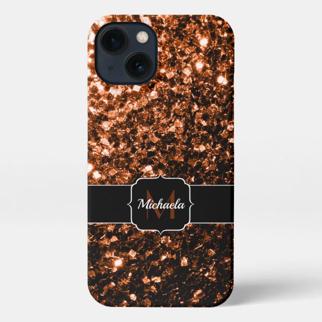 Bronze-braune Imitate Glitzer glänzen Monogramm iPhone Hülle (Rückseite)