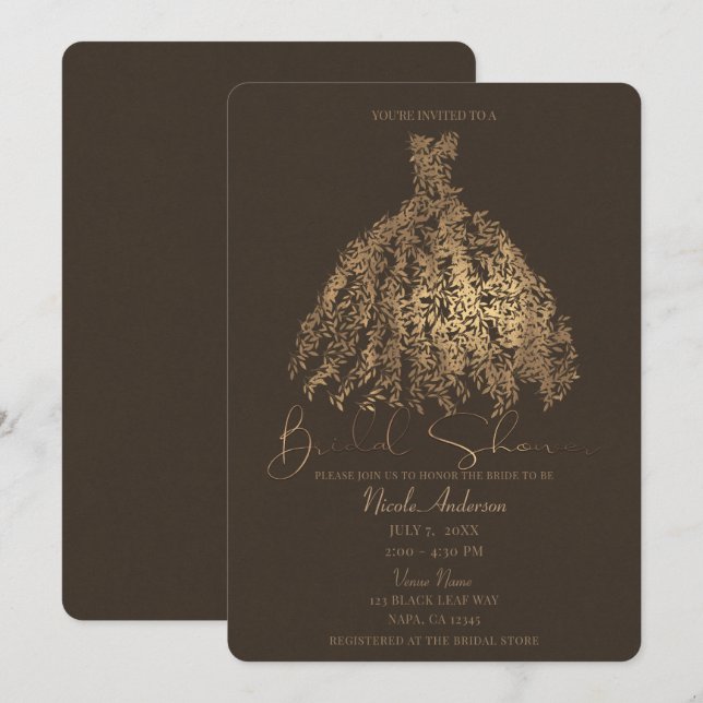 Bronze Brown Botanical Blätter Dress Brautparty Einladung (Vorne/Hinten)