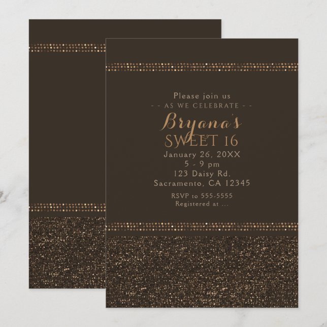 Bronze Brown Chic Sparkling Glam Party Einladungen (Vorne/Hinten)