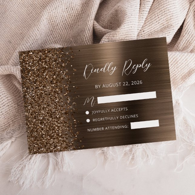 Bronze Brushed Metal Glitter Script Wedding RSVP Karte (Von Creator hochgeladen)