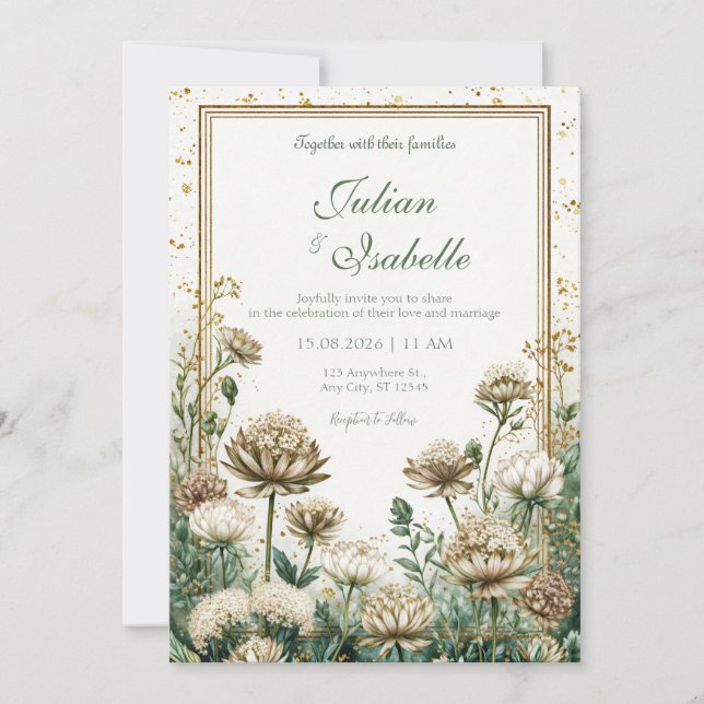 Bronze Emerald Watercolor Astrantia Wedding Einladung (Vorderseite)