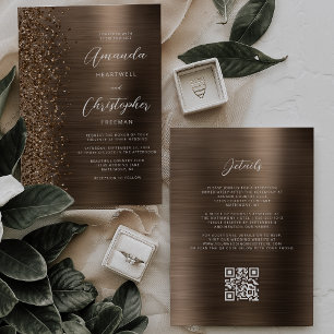 Bronze gebürstete Metall-Glitter-QR-Code-Hochzeit Einladung