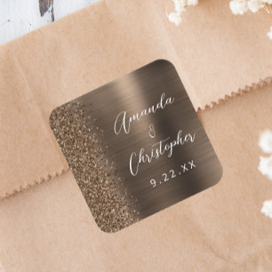 Bronze gebürstete Metall-Glitter-Schrift Hochzeit Quadratischer Aufkleber