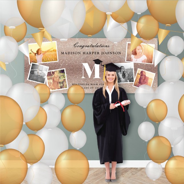 Bronze-Glitzer-Monogramm- und -Cap-Graduierungspar Banner (Bronze Glitter Name Monogram 6 Photo Chic Graduation Party Banner @ www.zazzle.com/color_therapy)