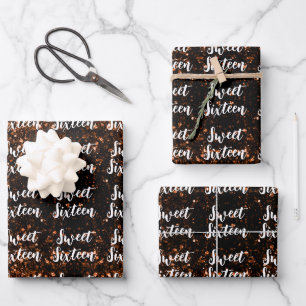 Bronze Glitzern Sweet 16 elegante Schriftzeichen Geschenkpapier Set