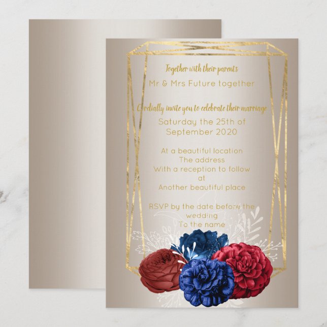 Bronze Gold Bouquet Elegantes Rotes Hochzeitsstil Einladung (Vorne/Hinten)