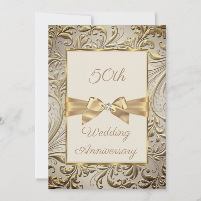 Bronze Gold Bow Floral Swirl zum 50-jährigen Jubil Einladung (Vorderseite)