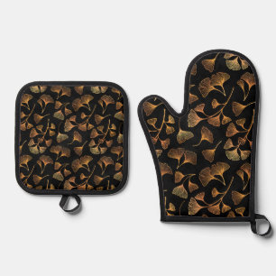 Bronze Gold Ginkgo Leaf Muster Ofenhandschuh & Topflappen-Set