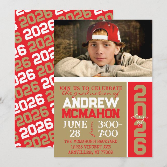 Bronze Gold & Red Graduation Photo Invitation (Devant / Derrière)