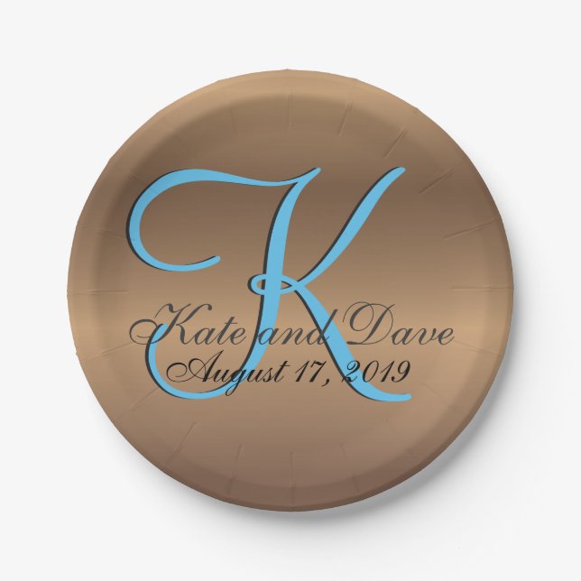 Bronze Monogram 🔑 Stilvolles Pecan Pappteller (Vorderseite)