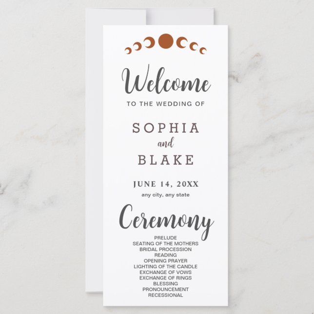 Bronze Moon Phases White Wedding Program (Vorderseite)