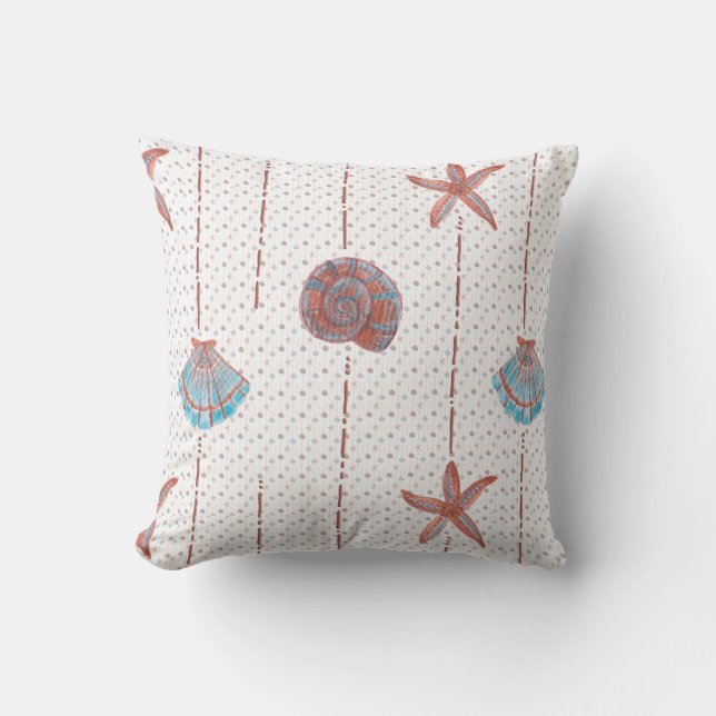 Bronze Pink und Blue Watercolor Seashells Kissen (Vorderseite)