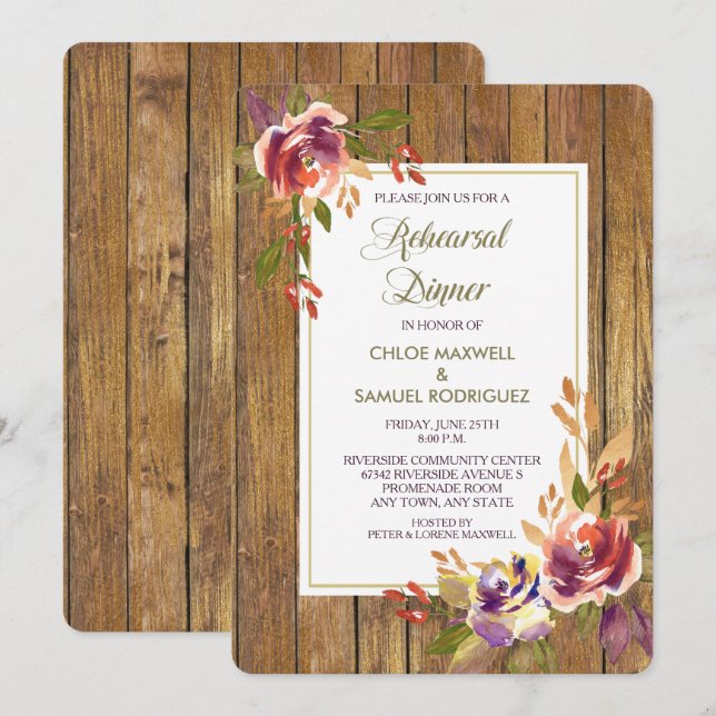 Bronze Rose Bois Floral Mariage Dîner Invitation (Devant / Derrière)