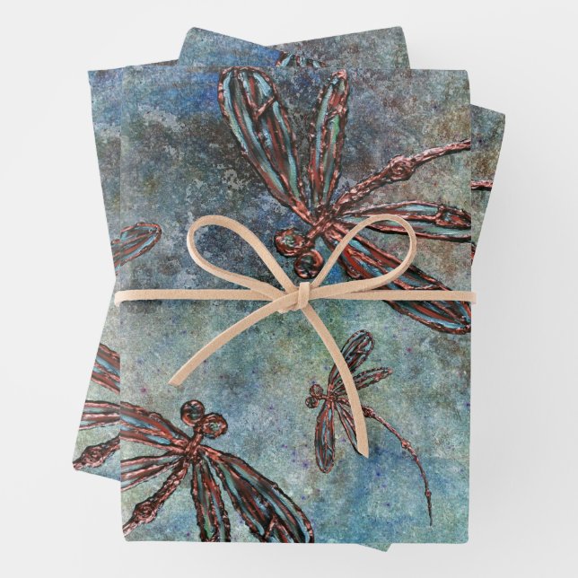 Bronze-verzauberte Libellen auf einem magischen Hi Geschenkpapier Set (Beispiel)