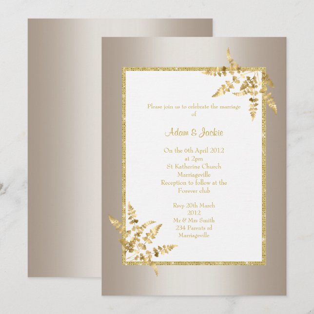 BRONZE WEISSE GOLD LEAF ELEGANTE KLASSENBREITE EINLADUNG (Vorne/Hinten)