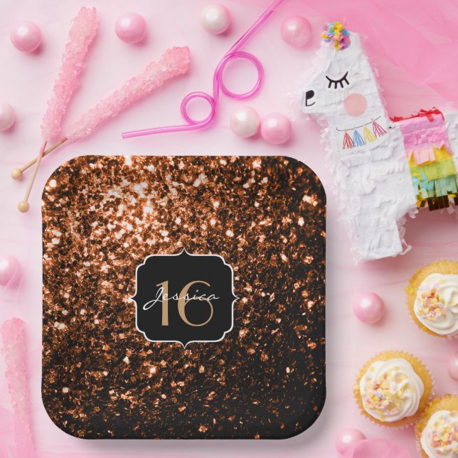 Bronzebraun-Imitate aus Kupfer Glitzern Sweet 16 Pappteller (Party)