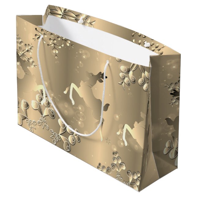Bronzy Rentier und Schneeflocken Groß Große Geschenktüte (Rückseite Schrägansicht)