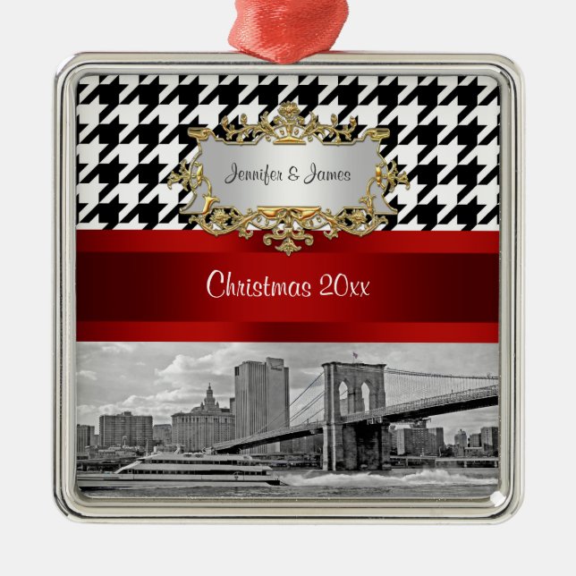 Brooklyn Bridge Blk Wht Hahnentrittmuster Weihnach Silbernes Ornament (Vorne)