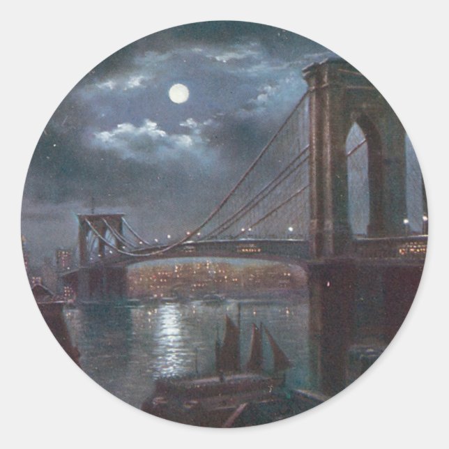 Brooklyn Bridge by Moonlight Runder Aufkleber (Vorderseite)