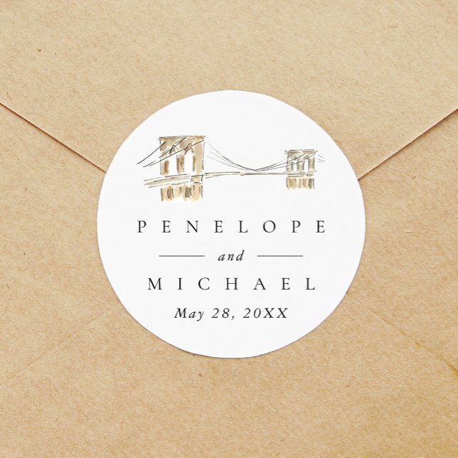 Brooklyn Bridge Chic New York City Wedding Runder Aufkleber (Watercolor Brooklyn Bridge New York City wedding sticker label.)