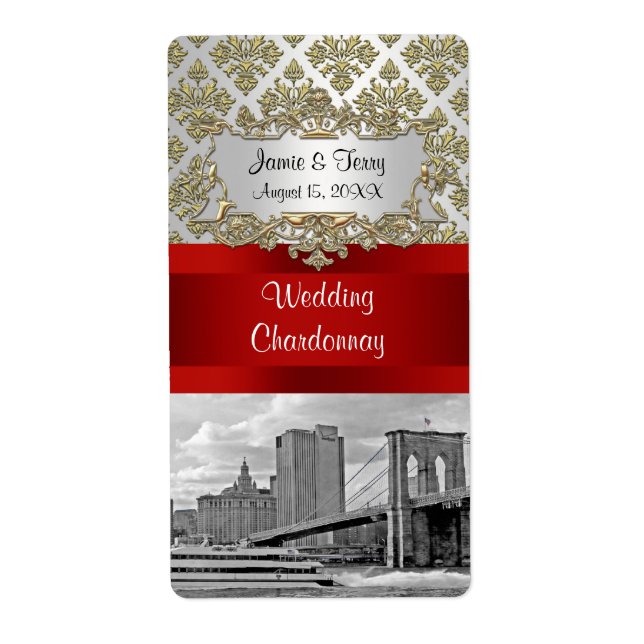 Brooklyn Bridge Gold White Damask Vin Étiquette (Devant)