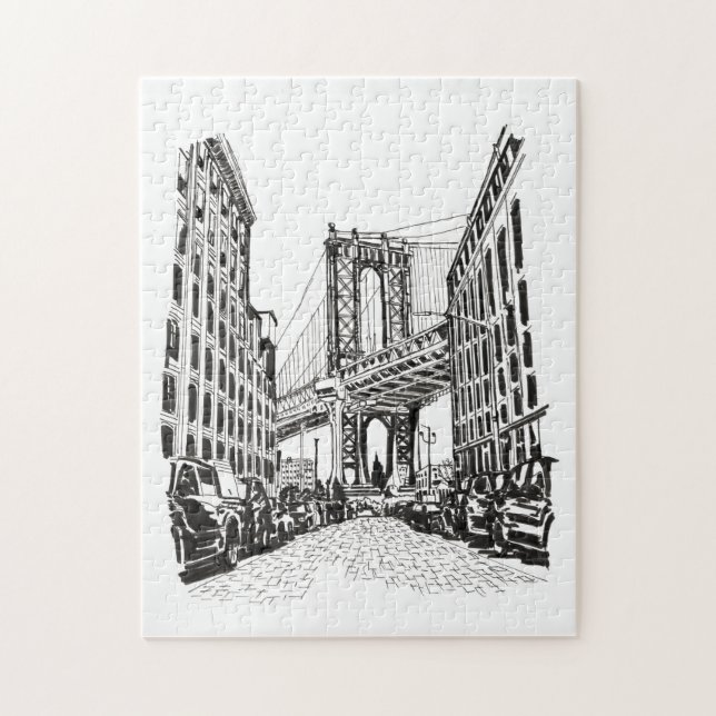 Brooklyn Bridge New York Schwarz-weiß Illustration (Vertikal)