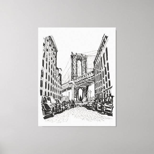 Brooklyn Bridge New York Schwarz-weiß Illustration Leinwanddruck (Vorderseite)